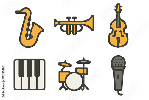 Flat design set of musical instruments and audio equipment icons including saxophone and trumpet