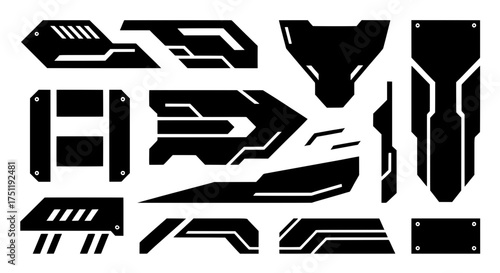 Collection of isolated futuristic armor plates and high-tech vector decals. Abstract cyberpunk shapes for mecha design or sci-fi weapon illustrations.
