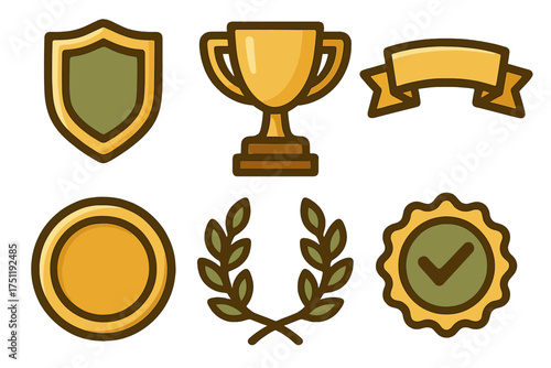 Collection of gold and green icons representing awards, achievement, quality, and success