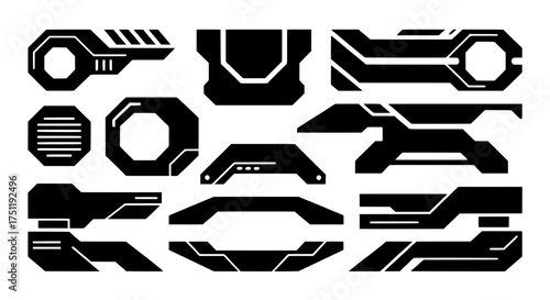 Collection of isolated high-tech vector shapes and decals. Abstract futuristic symbols for cyberpunk gaming UI, mecha armor, or sci-fi illustrations.