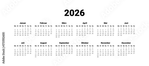 Germany 2026 calendar. Vector design template start from monday. Full months for wall calendar. isolated wall background.