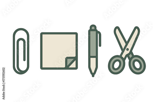 Minimalist line art icons of essential office supplies paper clip sticky note pen scissors