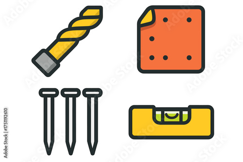 Essential construction and DIY tools: drill bit, sandpaper, nails, and spirit level collection