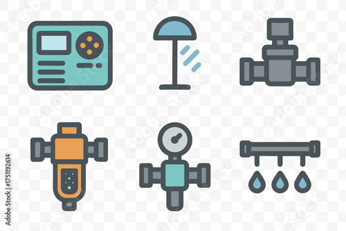 Modern automatic irrigation controller, water filter, valve, and pressure gauge icons