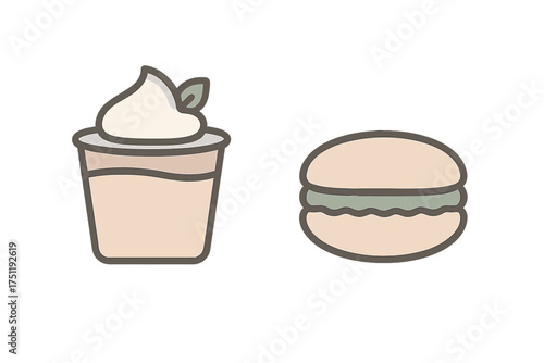 Pastel colored sweet dessert icons: creamy beverage and delicious macaron cookie