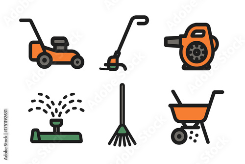 Collection of essential gardening and yard work tools including lawnmower, rake, and leaf blower