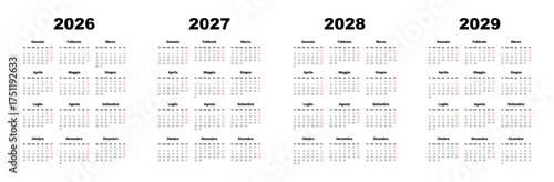 2026, 2027, 2028, 2029, Calendar in Italian . Calendar template for Italy start from Monday. Full months for wall calendar, isolated wall background
