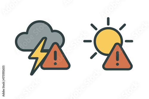 Weather warning icons displaying storm lightning and sunny heat caution alerts