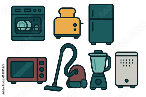 Collection of essential household appliances: refrigerator, microwave, vacuum, blender, and dishwasher symbols
