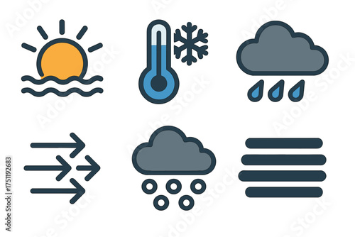 Set of six basic weather forecast icons showing sun, rain, snow, wind, temperature, and mist symbols