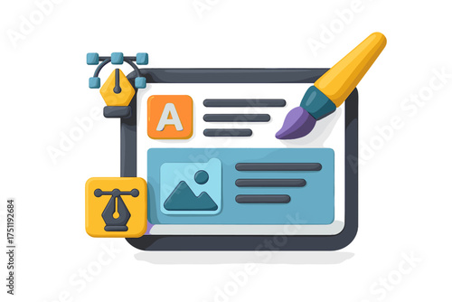 Creative process of digital content design with pen tool, paintbrush, and interface elements