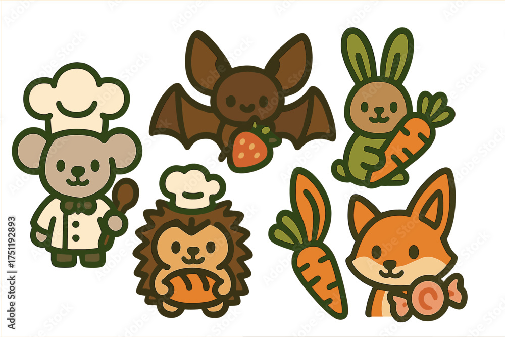 Naklejka premium Adorable collection of cute woodland animals dressed as chefs and bakers holding various food items