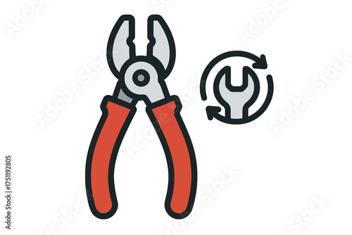 Combination pliers with red handles and a circular repair maintenance icon