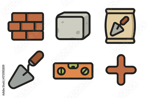 Construction materials and masonry tools set including brick wall cement bag trowel and spirit level