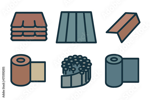 Set of various roofing materials and construction supplies icons for building and repair projects