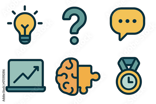 Creative thinking, business strategy, idea, question, and achievement concept symbols