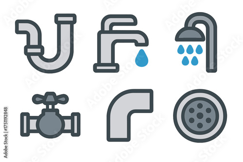 Essential plumbing components set including pipes, faucet, shower head, water valve, and drain