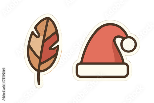 Contrasting seasonal sticker elements featuring a stylized autumn feather and festive red Santa hat
