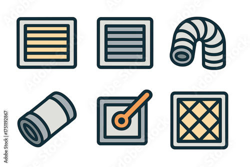 HVAC system components and air filtration icons including vents, flexible ducting, and damper controls