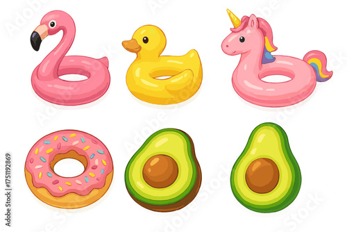 Colorful inflatable pool floats set including flamingo, duck, unicorn, donut, and avocado shapes