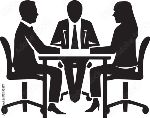 a simple black and white vector icon depicting three people sitting around a table for an interview, with one person in business attire as if they were