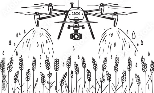 a simple black and white line drawing of an aerial drone spraying water onto crops, with raindrops falling from the spray gun into long rows of wheat plants below. the background is plain white to hig