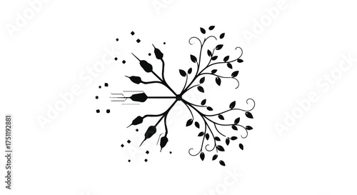 Elegant black silhouette of an arrow piercing a delicate branching vine with leaves on a white background