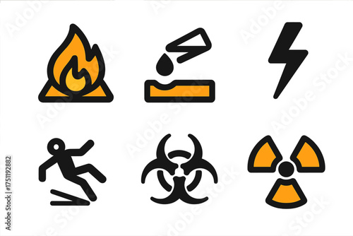Six essential safety and danger warning signs: fire, corrosive, electric shock, slip, biohazard, radiation