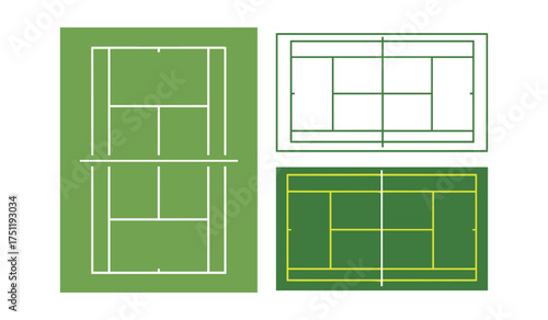 A set of three simplified tennis court diagrams green white and yellow sport game