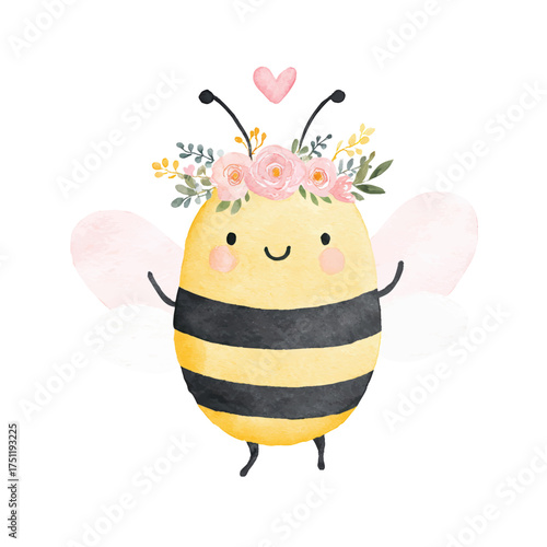Adorable Watercolor Bee with Floral Crown Cute Insect Illustration.