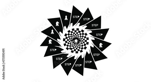 Abstract spiral pattern of chess pieces and steps symbolizing strategy and progress