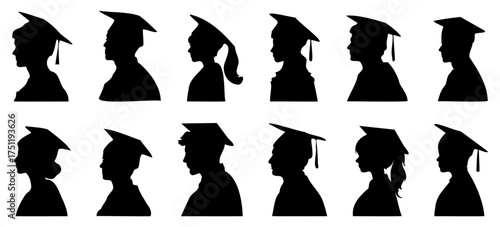 Graduates silhouettes in profile. Vector set 