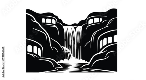 Dramatic waterfall cascades down rocky cliffs with unique cave dwellings