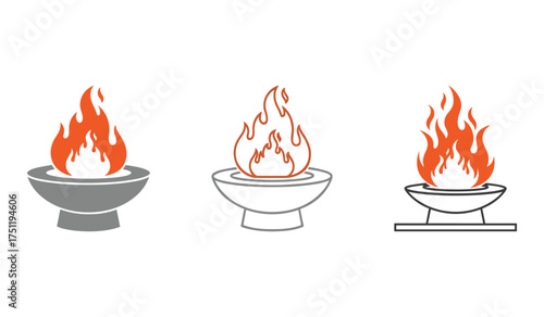 A set of three stylized torches with orange flames on white background fire heat