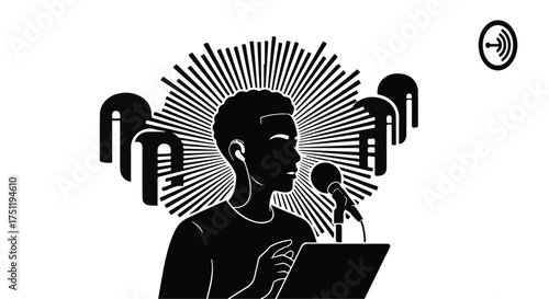 Young man speaking passionately into microphone with abstract sound waves radiating outwards