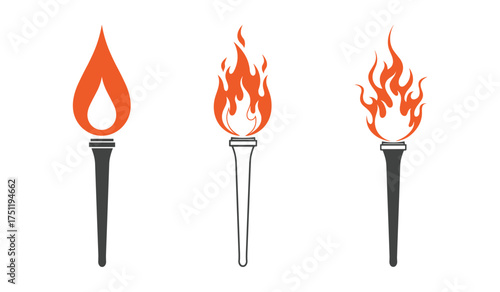 A set of three stylized torches with orange flames on white background fire olympic torch