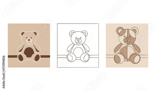 A set of three teddy bear illustrations in brown tones and outline drawing