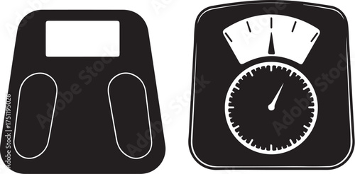Black Silhouette of Two Bathroom Scales One Digital and One Analog with Dial Keywords: bathroom scale, weight, weighing, digital scale, analog scale, dial, also transparent background