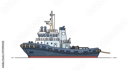 Side view illustration of a modern harbor tugboat with a dark hull and white superstructure.