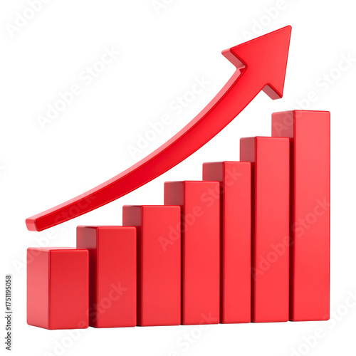 Red 3D bars ascending, with a curved red arrow pointing upward, on a transparent background