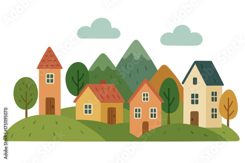 Colorful houses nestled among green hills and trees under a cloudy sky