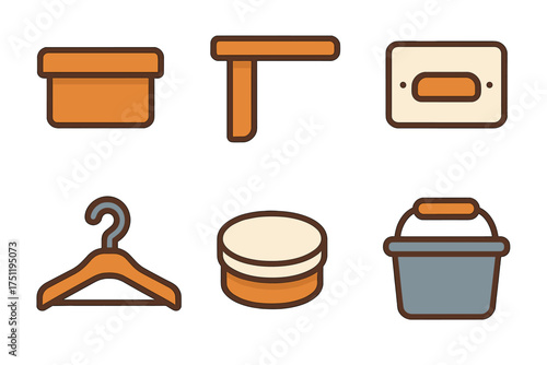 Stylized icons set of six household storage, furniture, and utility objects