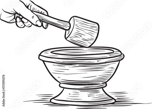 hand holding a wooden mallet, striking a stone mortar and pestle together. line art clipart on a white background