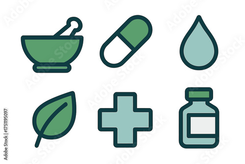 Collection of medical and natural health symbols including pharmacy, wellness, and herbal elements