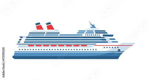 Large Cruise Ship with Red and White Funnels Blue Hull and Multiple Decks.