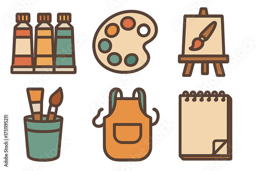 Essential art supplies collection including paint tubes, palette, easel, brushes, and sketchbook