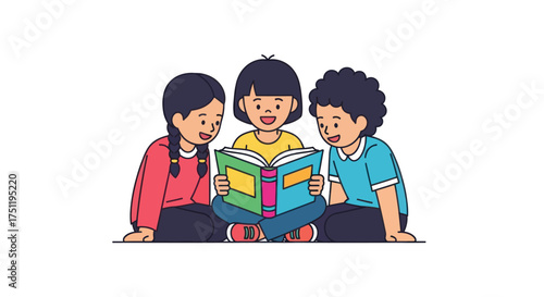 Three diverse cartoon children sitting together and happily reading a storybook.