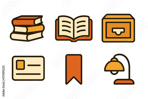 Collection of educational and reading icons including stacked books, open volume, catalog drawer, and study light