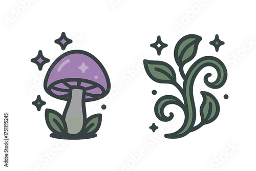 Whimsical purple mushroom and swirling green vine with sparkling stars