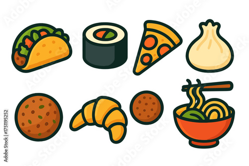 Popular international fast food and snacks including taco sushi pizza noodles and croissant